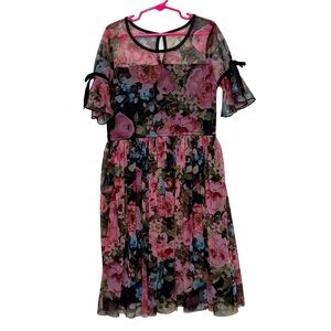 Justice Girls Size 10 Black Pink Floral Dress Velvet Trim Semi-sheer Shoulders